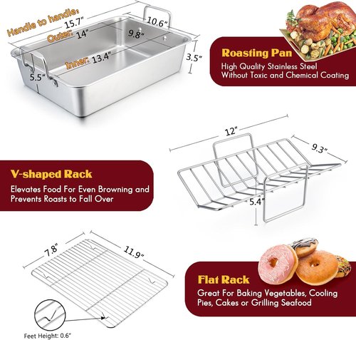E-far Stainless Steel Roasting Pan - 14 x 10.6 Inch Turkey Roaster with V Rack & Baking Rack | Dishwasher Safe