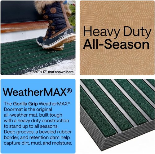 GORILLA GRIP Waterproof All-Season WeatherMAX Doormat - Natural Rubber, Stain & Fade Resistant, 29x17, Green Stripe