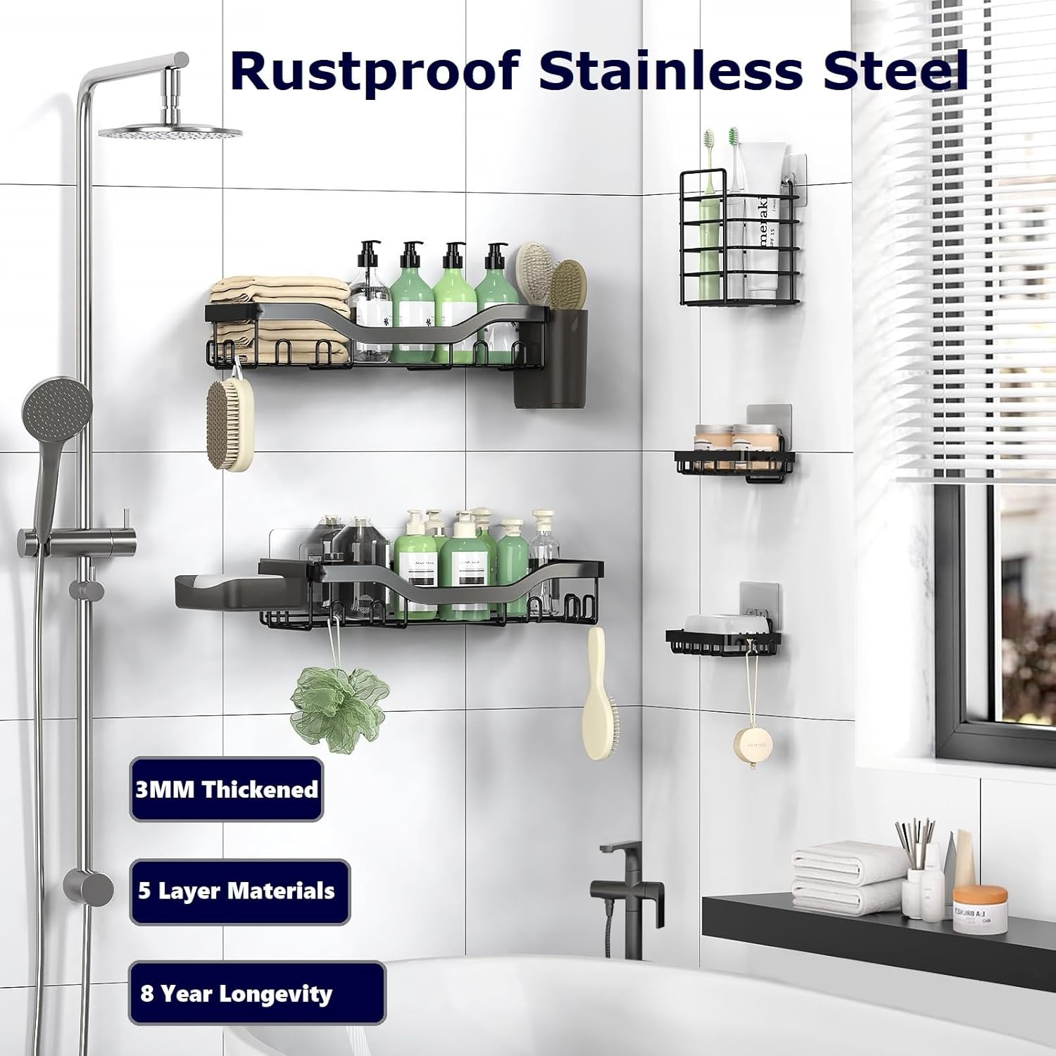 NESOMI Shower Caddy - Rustproof Stainless Steel Organizer with Soap Dish & Hooks | 7-Pack, No-Drill Storage Solutions