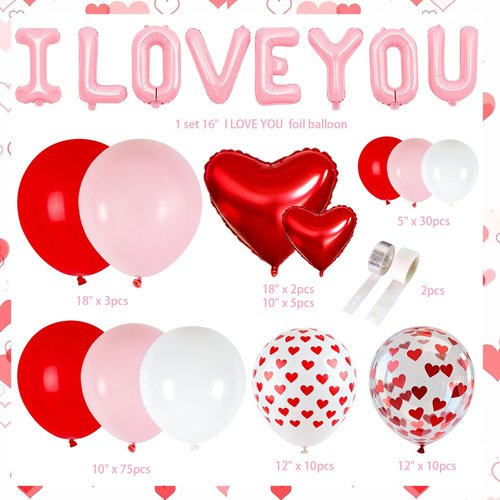 Valentines Day Balloon Arch Garland Kit, 138pcs Pink White Confetti Heart Balloons I LOVE YOU Foil Balloons for Valentine's Day Decorations Wedding Engagement Anniversary Party Supplies