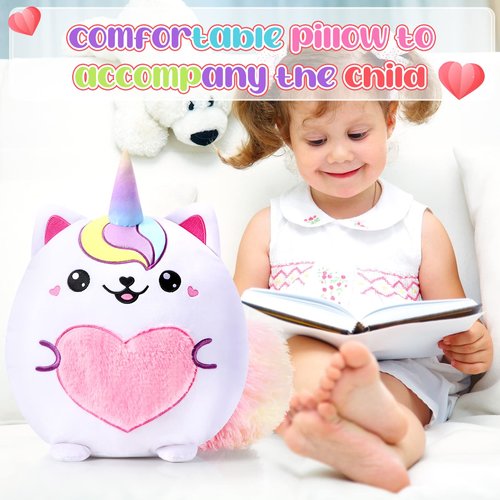 Leyndo Cute Caticorn Plush Pillow 14 Inch Unicorn Cat Stuffed Animal, Soft Pink Kawaii Plush Toy Gift for Girls Birthday Easter and Cat Lovers(Lovely)