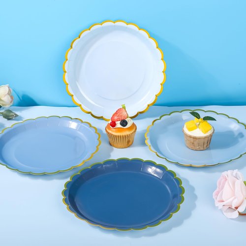 AimFun 48 Pcs Dusty Blue Scalloped Party Plates Gold Foil Border Paper Plates Disposable 9inch Gradient Serving Plates for Birthday Wedding Bridal Baby Shower Party Supplies