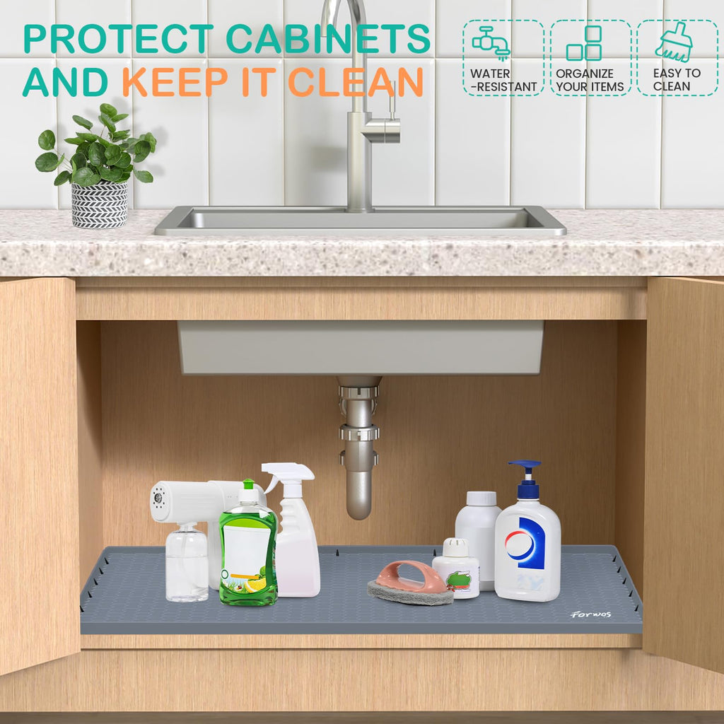 FORWOS Waterproof Under Sink Mat 28" x 19", Silicone Cabinet Liner, Rubber Protector for Kitchen and Bathroom, Keeps Cabinets Clean, Dry, and Organized (Grey)
