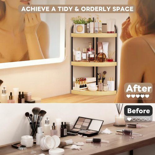 Abiglifty Corner Bathroom Counter Organizer, No Drill 3-Tier Corner Shelf Bathroom Counter, Space-Saving Countertop Organizer, Corner Counter, Vanity Organizers (Wood Grain)