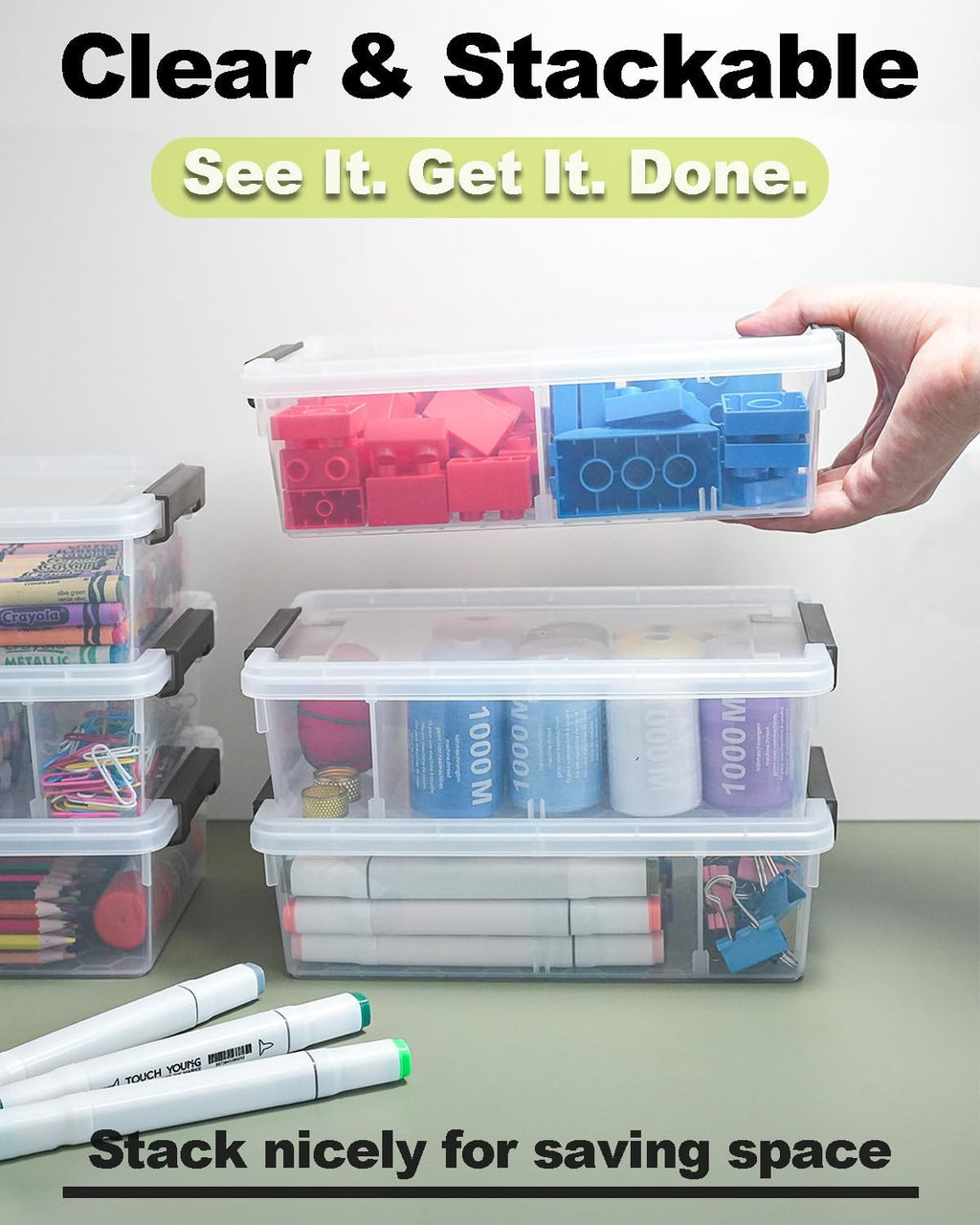 Skiennix Extra Large Pencil Box - Removable Divider & Stackable Design | 6 Pack Grey Organizer