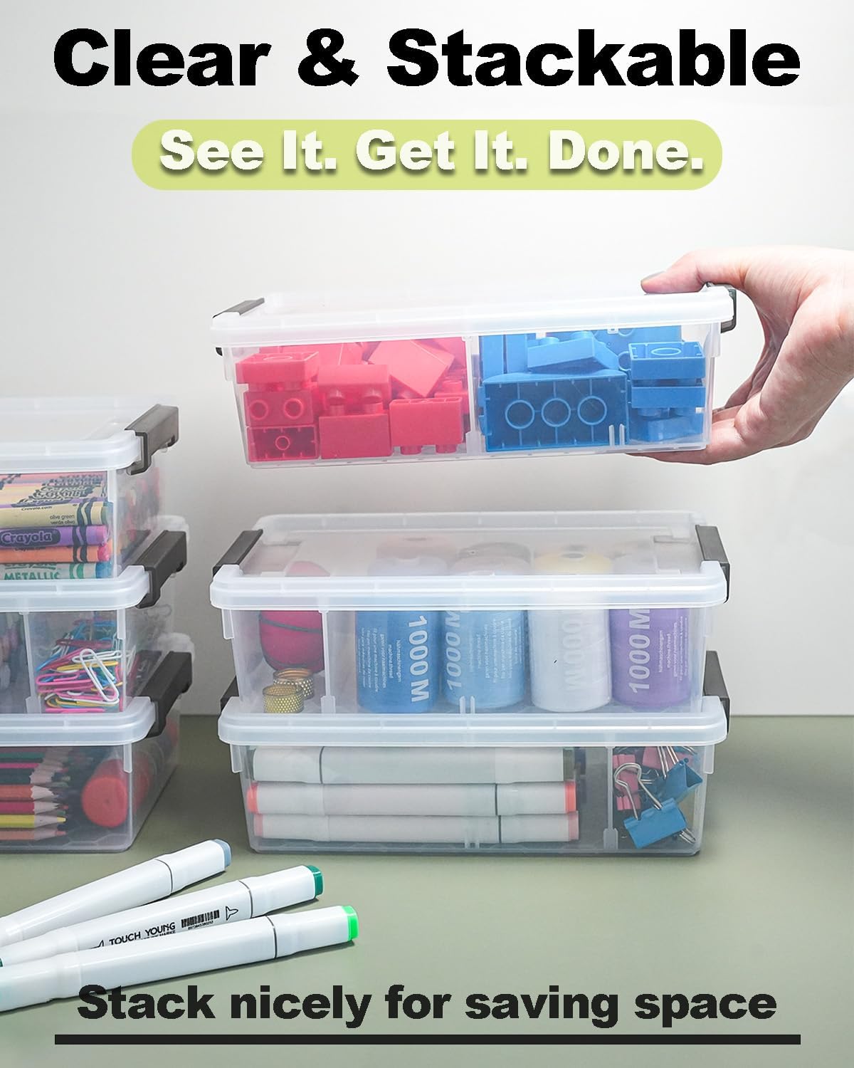 Skiennix Extra Large Pencil Box - Removable Divider & Stackable Design | 6 Pack Grey Organizer