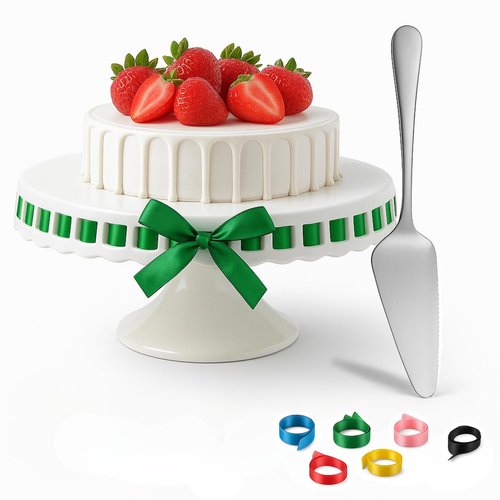 Ceramic Cake Stand, 12inch cake decoration supplies, Cake Pedestal Stand with 6 Ribbons, Cake Stands for Party or Birthday, White Cake Platter - Cake Display Stand for Wedding Reception, Pie Stand
