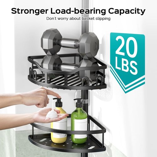 HAMITOR Corner Shower Caddy - Rustproof 4-Tier Bathroom Organizer for Shampoo & Soap | Adjustable 47-121 Inch Black Rack