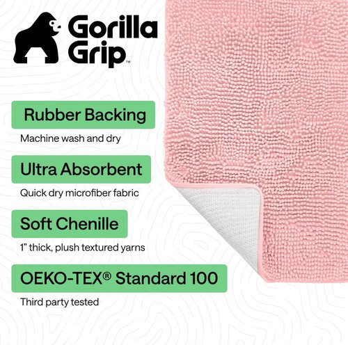 GORILLA GRIP Bath Rug Mat - Soft Absorbent Chenille | Quick Dry Microfiber, 30x20, Light Pink