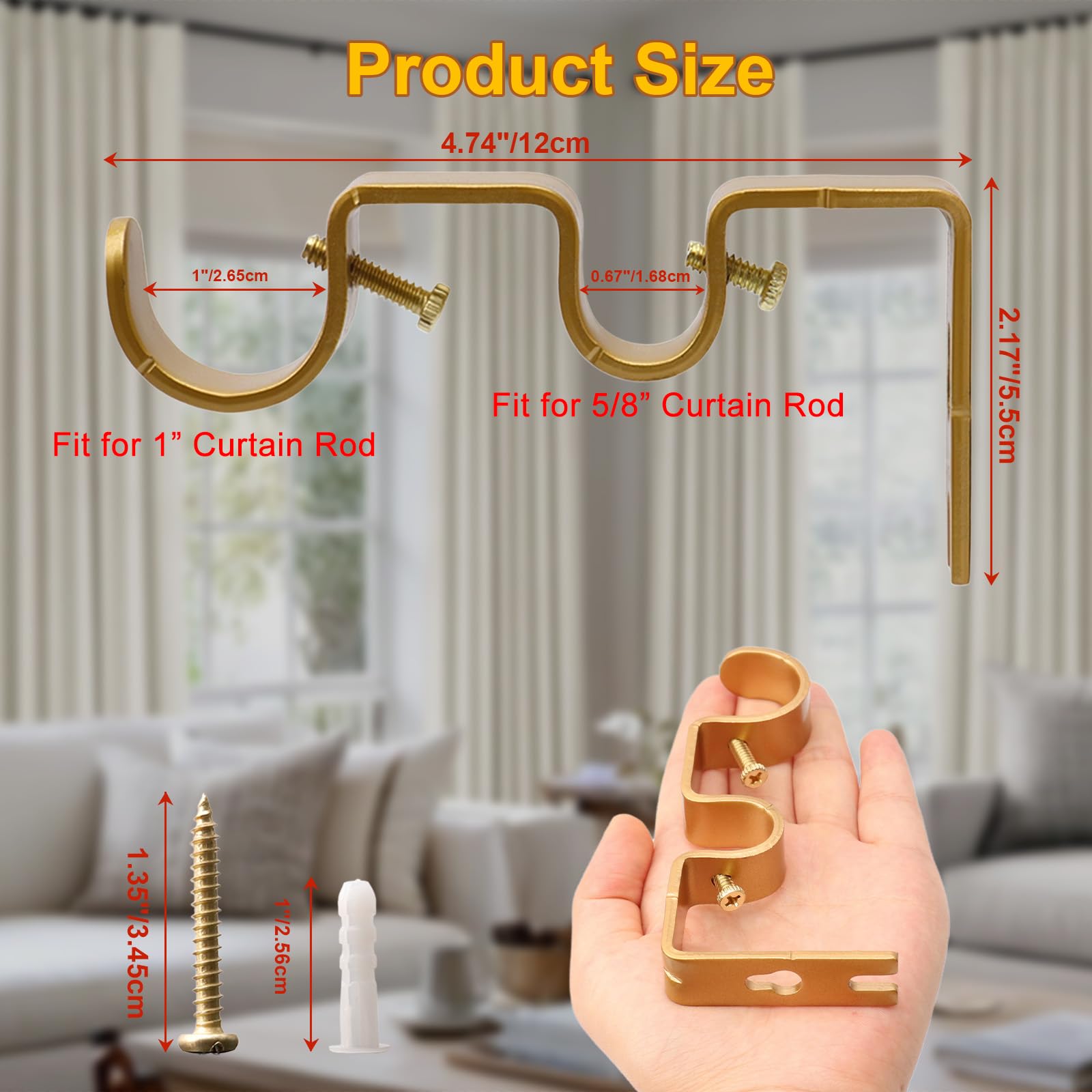 Shonmogar Double Curtain Rod Bracket 6 Pack Metal Curtain Rod Holders for Wall Sturdy Curtain Bracket for 1 Inch Curtain Rod Gold Wall Mounted Curtain Rod Hooks for Bedroom Living Room Patio
