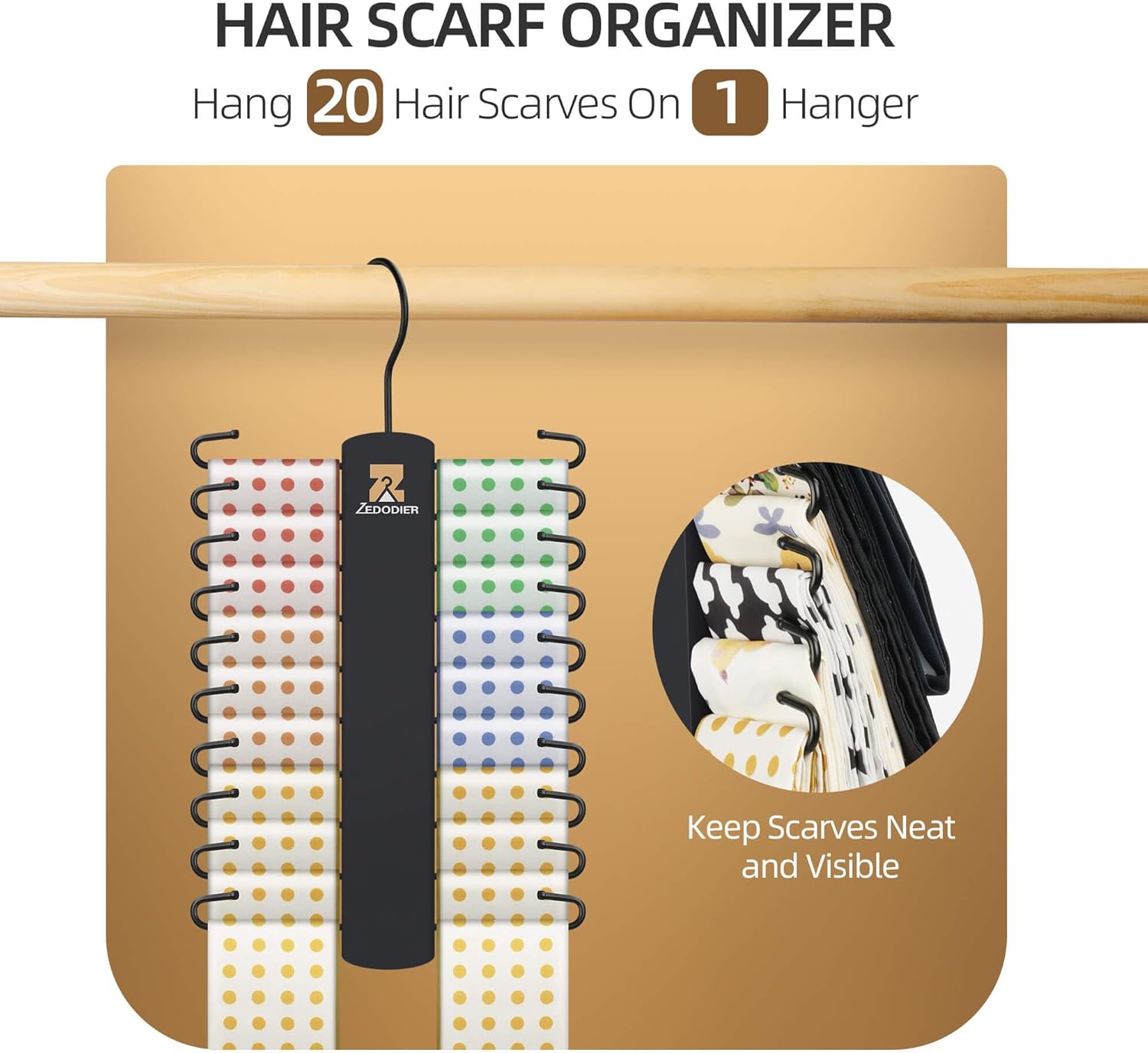 ZEDODIER Tie Hanger - Space-Saving Necktie Organizer with 40 Hooks | Large Capacity Black Wooden Hanger