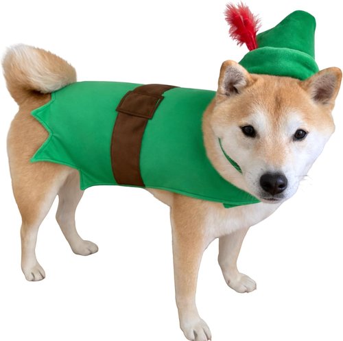 ComfyCamper Green Forest Bandit Dog Costume Cape & Headpiece - Robin Hood Elf Halloween Outfit, Size S