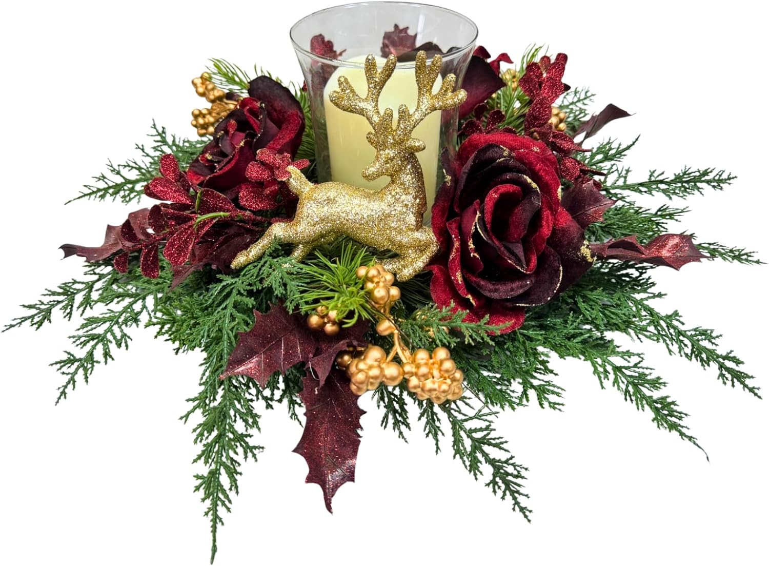 Svndlyn Christmas Glass Candle Holder - Glittery Rose & Deer Figurine Decor | Holiday Centerpiece