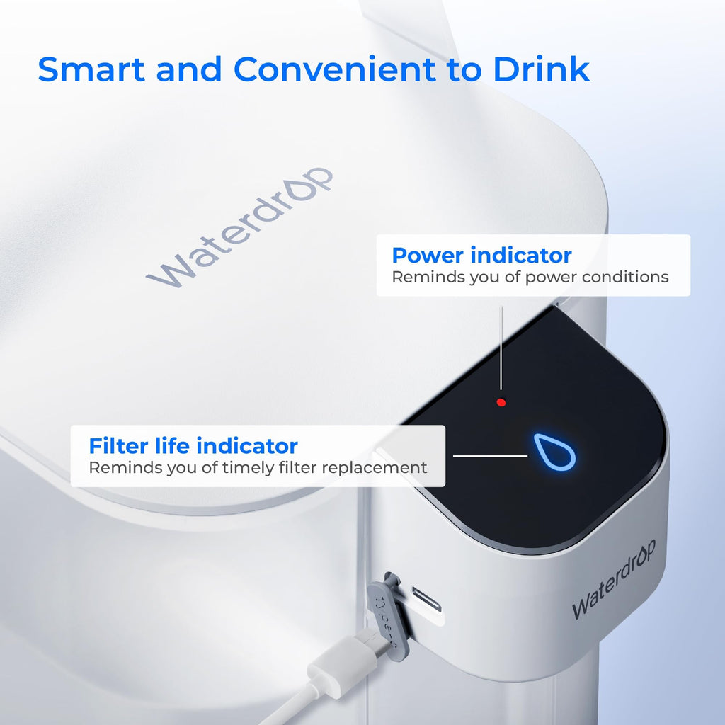 Waterdrop ED01W Electric Water Filter Pitcher, Reduce 99.6% of Lead and 45+ Impurities, 15-Cup 200-Gallon Capacity, Rechargeable Instant Dispenser, NSF/ANSI 42&53&401&372, Does not Lower TDS, White