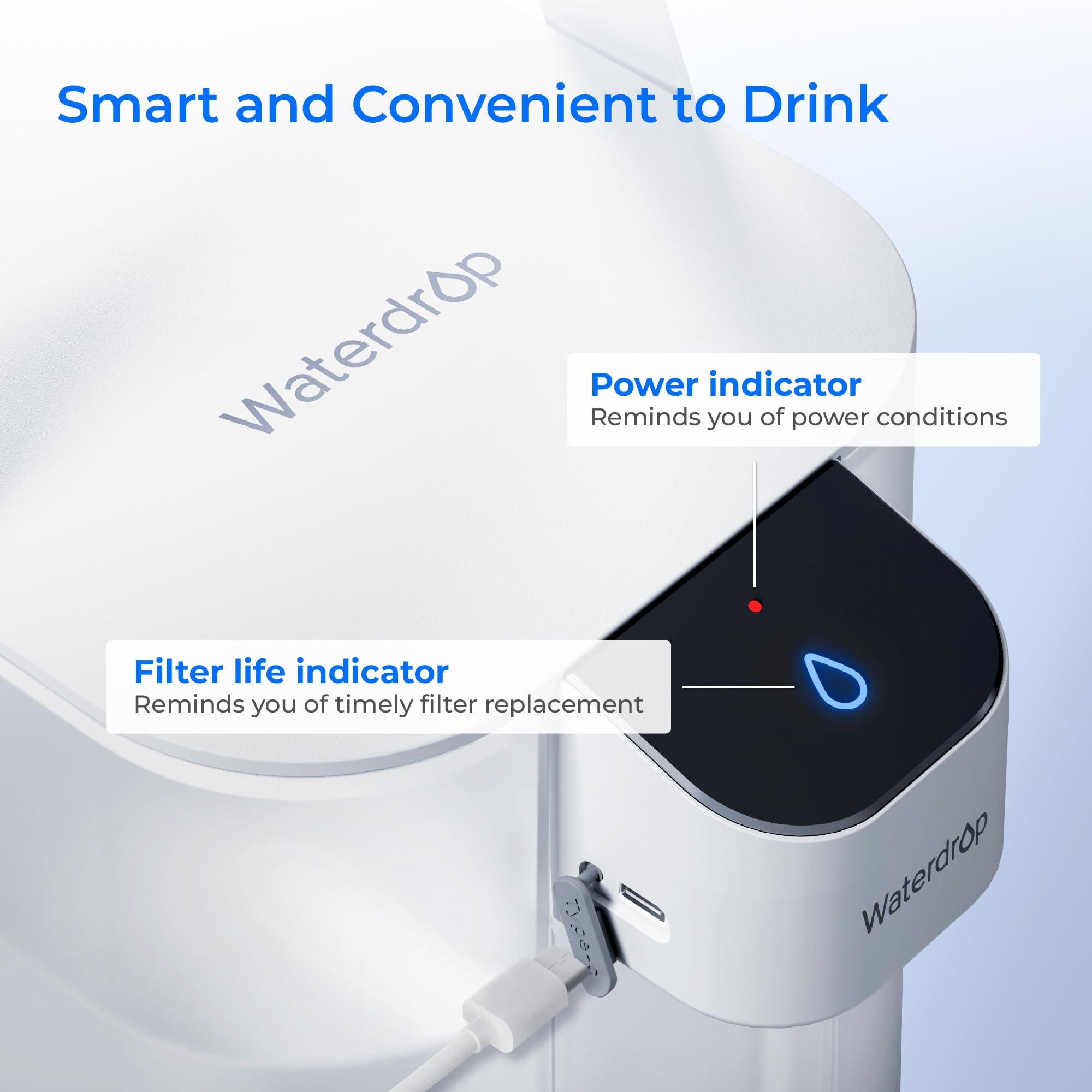 Waterdrop ED01W Electric Water Filter Pitcher, Reduce 99.6% of Lead and 45+ Impurities, 15-Cup 200-Gallon Capacity, Rechargeable Instant Dispenser, NSF/ANSI 42&53&401&372, Does not Lower TDS, White