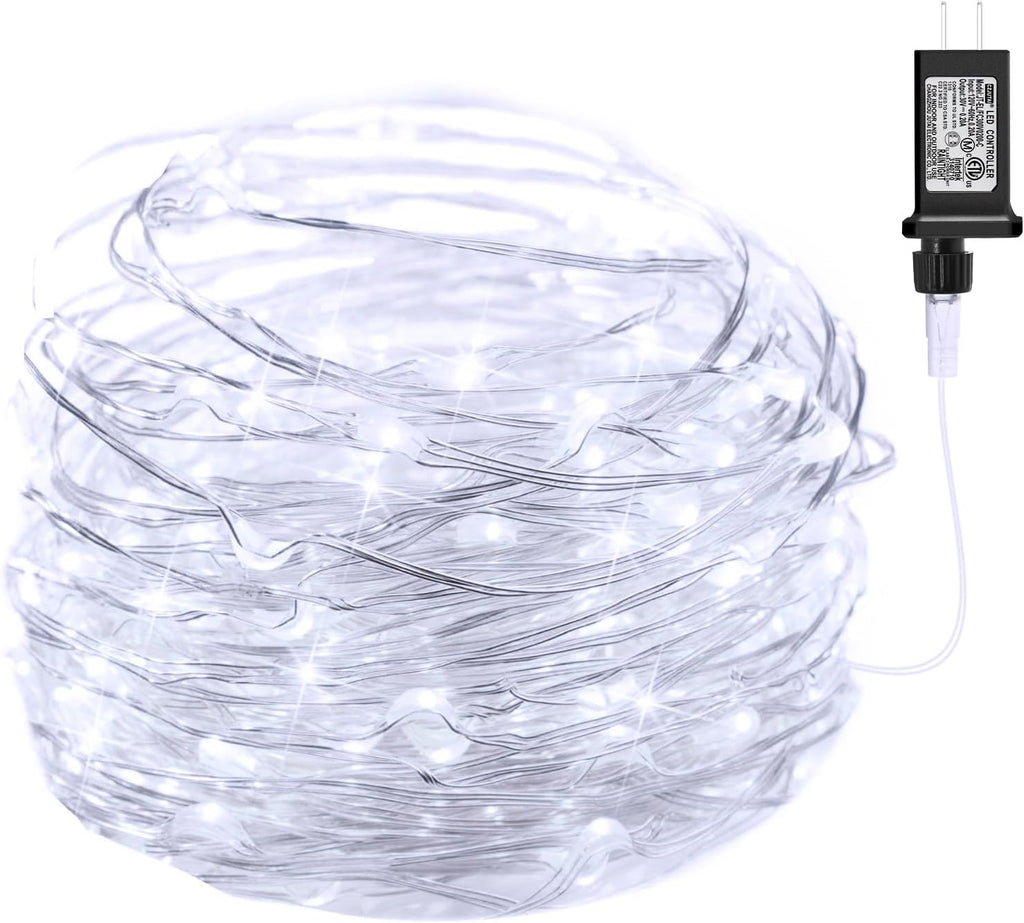 Minetom Fairy Lights - 100 LEDs 33 Feet Waterproof Silver Wire String Lights | Pure White for Indoor/Outdoor Decor