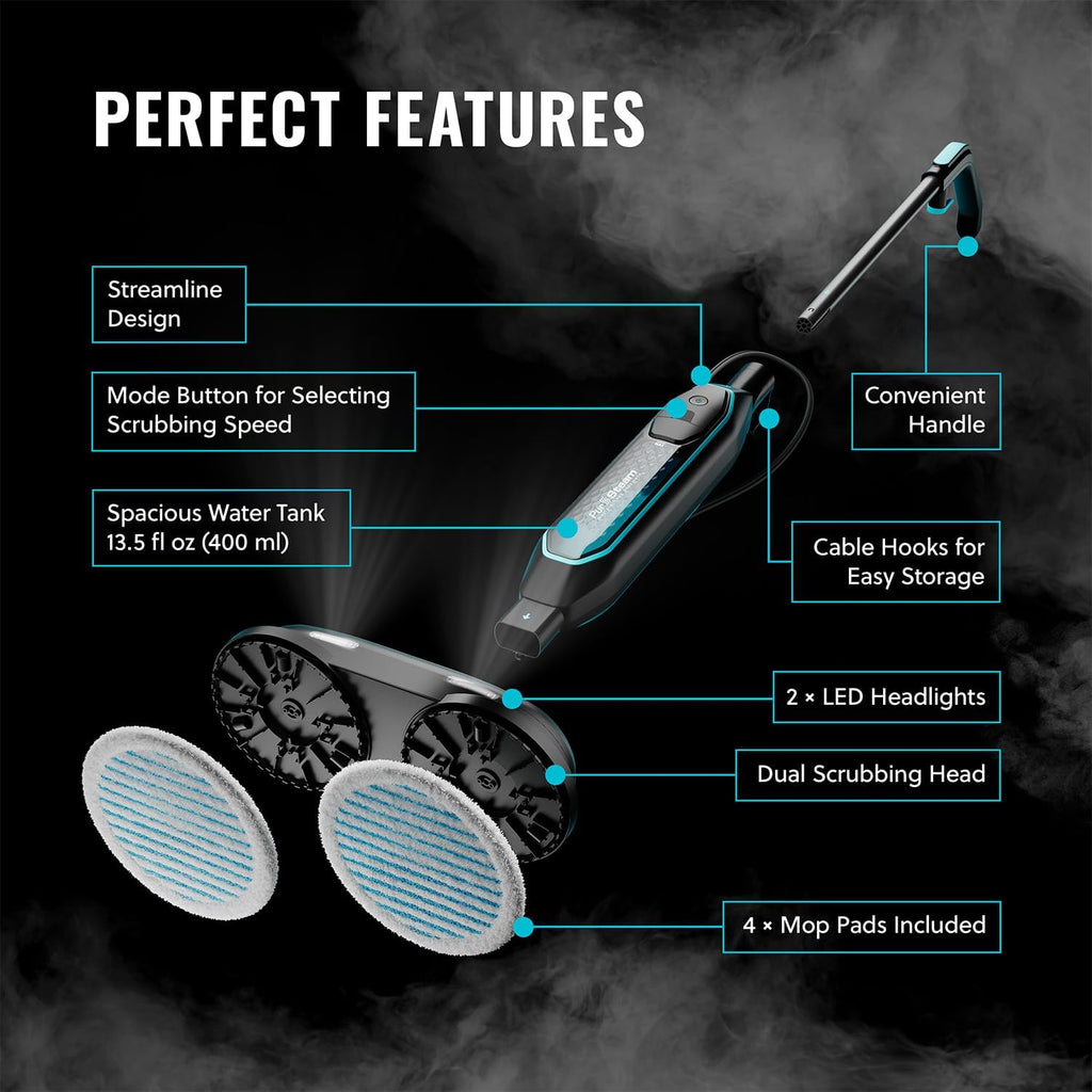 Pursteam | ScrubMaster Steam Mop - Dual Scrubbing Head, LED Lights & Adjustable Steam Control
