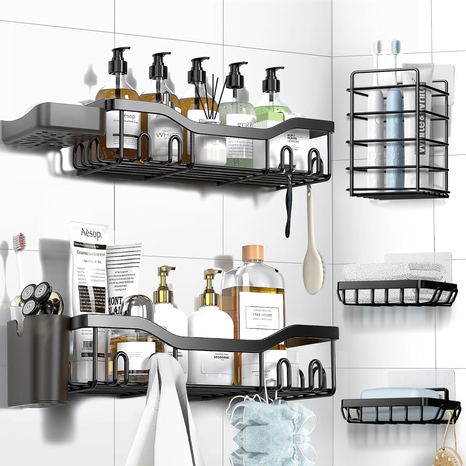 NESOMI Shower Caddy - Rustproof Stainless Steel Organizer with Soap Dish & Hooks | 7-Pack, No-Drill Storage Solutions