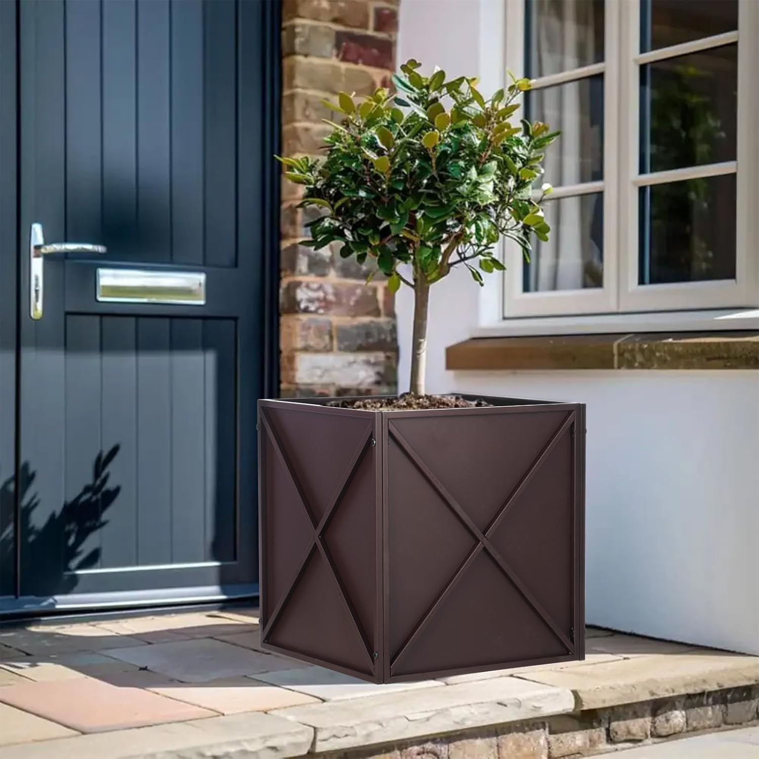 SUNNYPARK Large Metal Planter Box - 17”x17”x18” | Heavy-Duty Modern Brown Design with Drainage Holes for Outdoor Gardens