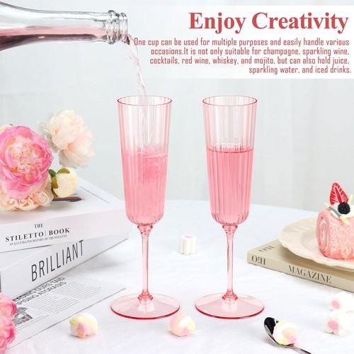 12 Pack Plastic Champagne Flutes Pink Unbreakable Ribbed Champagne Glasses Detachable 5.5 Oz Disposable Stemware Glasses Wine Toasting Cups for Wedding Valentines Engagement Pink Themed Party