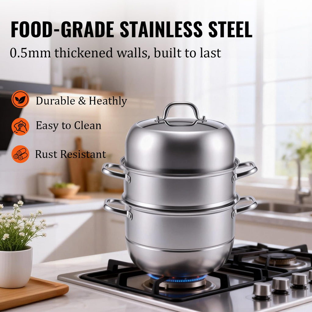 2-Tier Stainless Steel Induction Steamer Pot (30cm/11.8Inch) - Large Food Steamer for Dumplings, Buns & Dim Sum - Dishwasher Safe with Even Heat Distribution