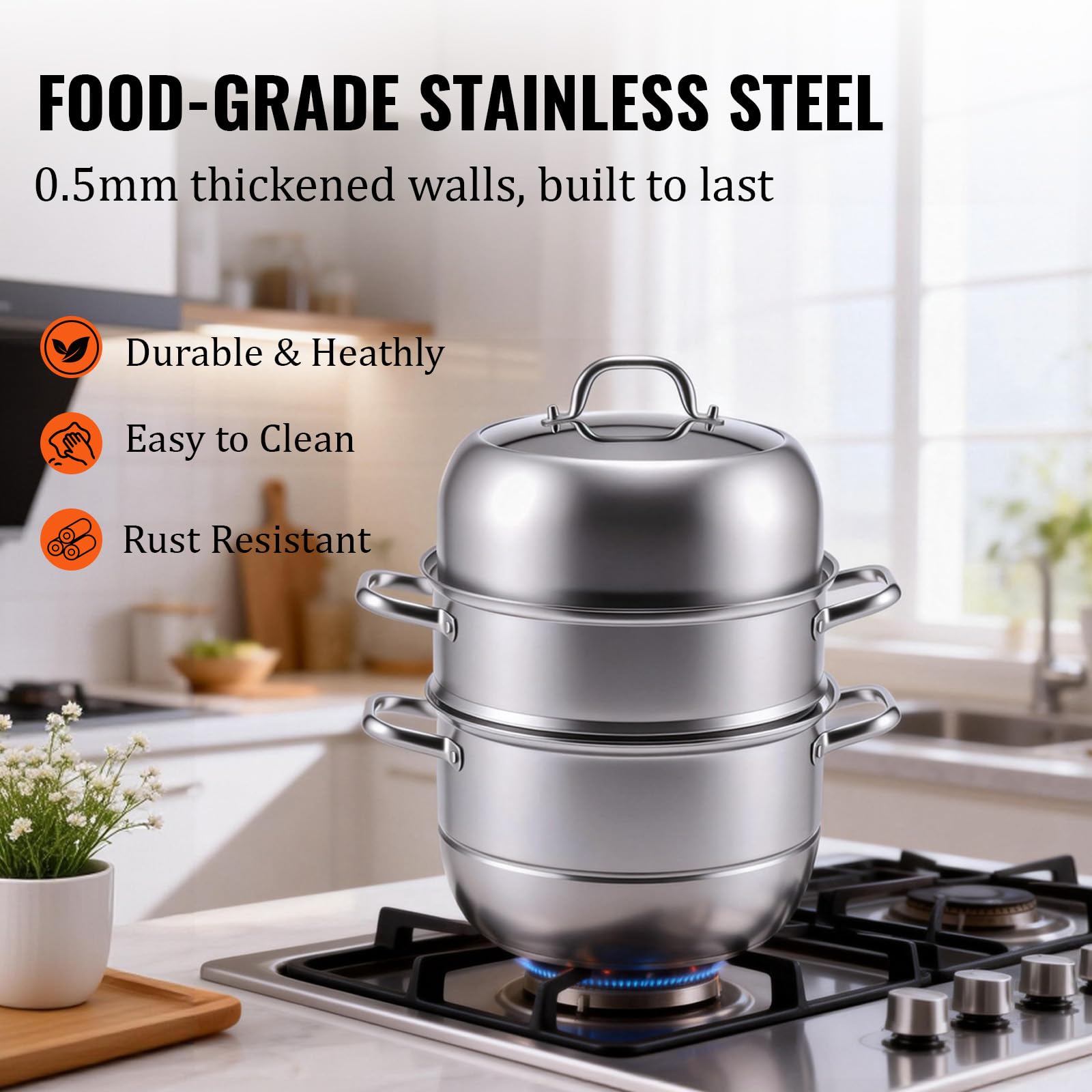 2-Tier Stainless Steel Induction Steamer Pot (30cm/11.8Inch) - Large Food Steamer for Dumplings, Buns & Dim Sum - Dishwasher Safe with Even Heat Distribution