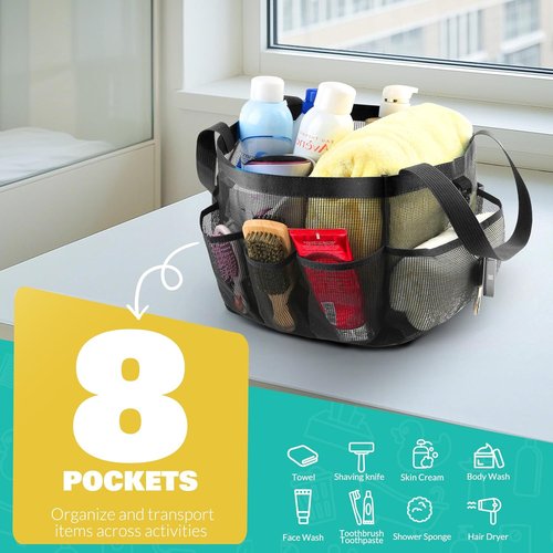 LOYEE Mesh Shower Caddy - Portable College Dorm Room Organizer with 8 Pockets | Black Travel Bag