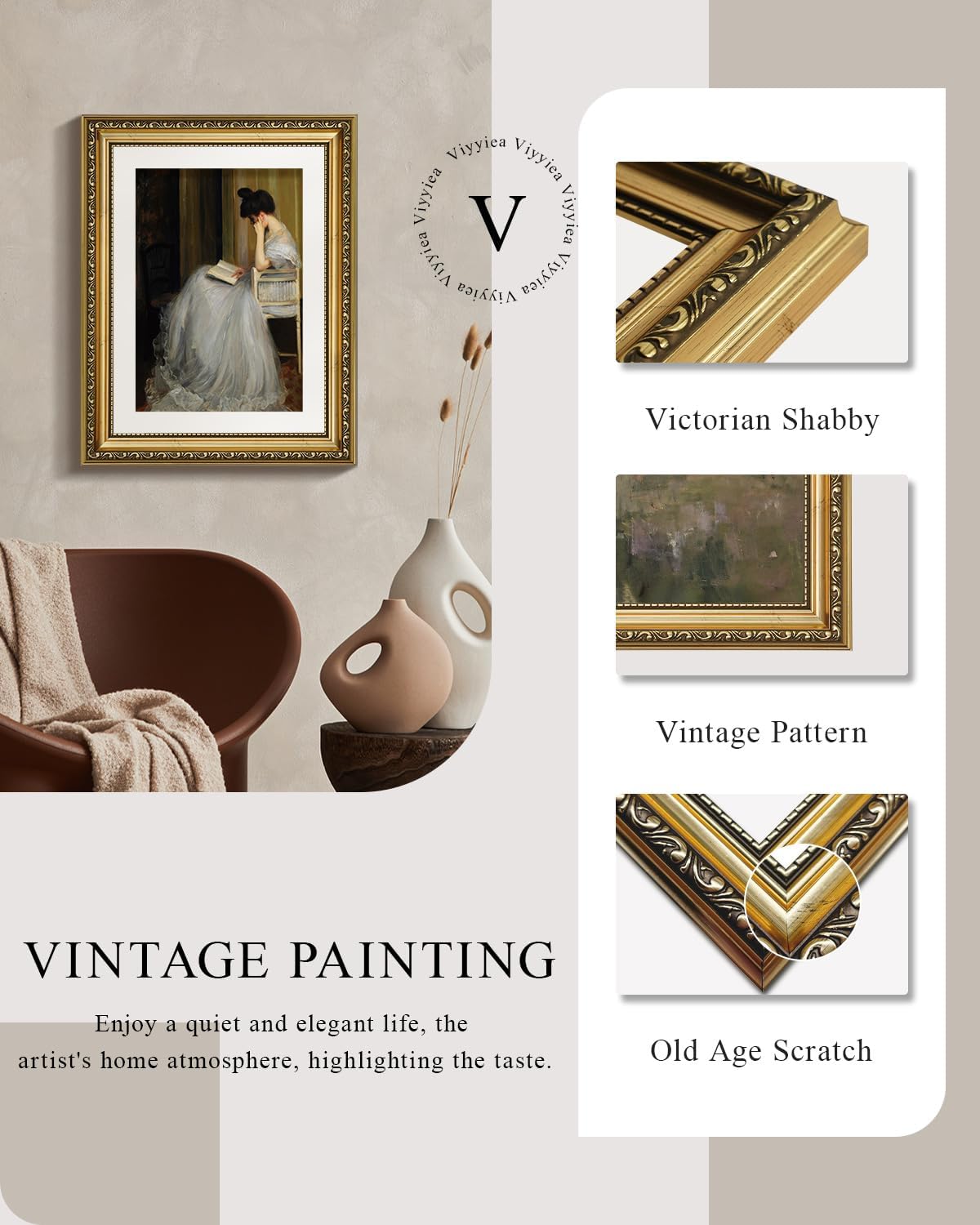VIYYIEA Gold Framed Canvas Wall Art - Elegant Home Decor Print | 11x14in, White