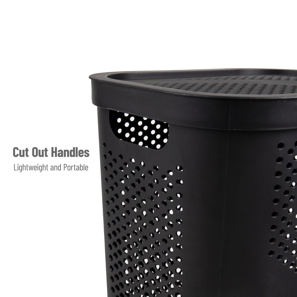 Mind Reader Slim Laundry Hamper with Lid, 60L Clothes Basket, Ventilated Plastic, Black