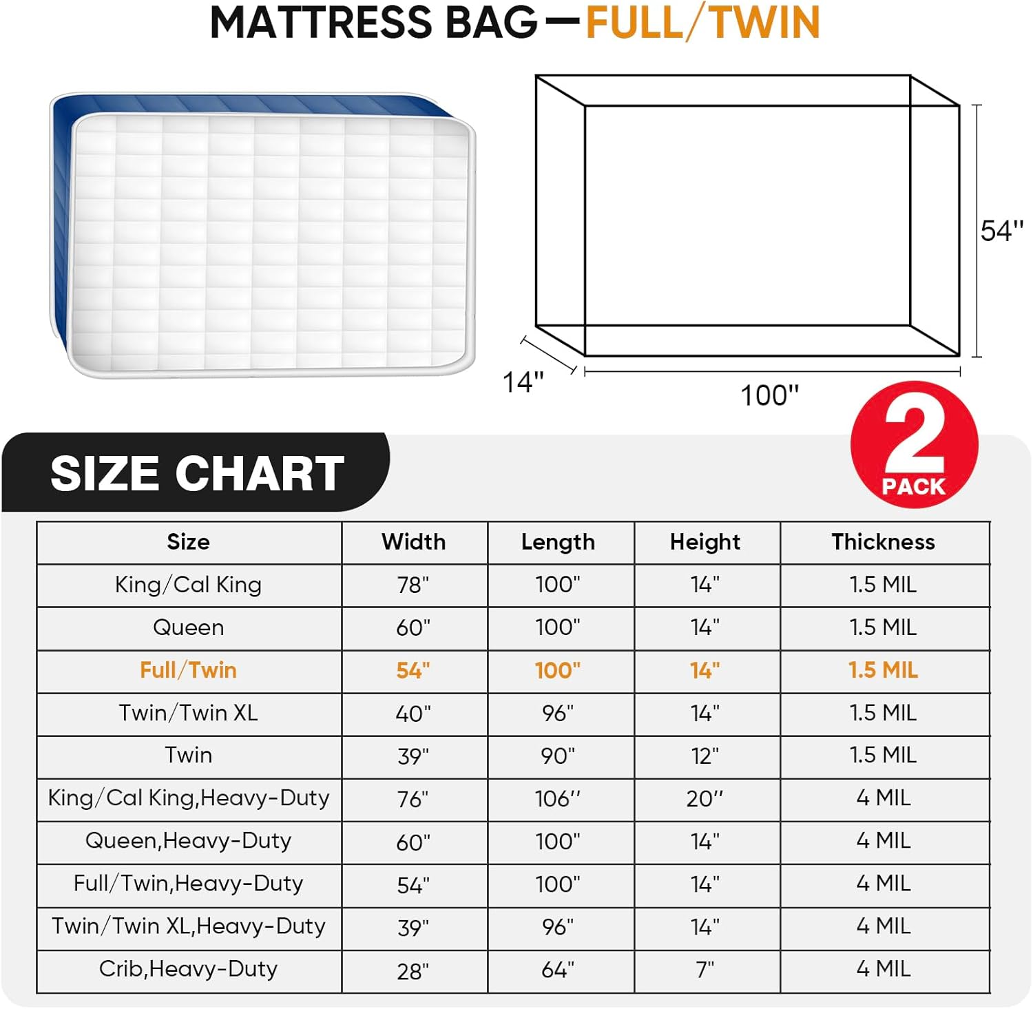 Skiennix Twin/Full Mattress Bags - Waterproof Plastic Covers for Moving & Storage | 2-Pack