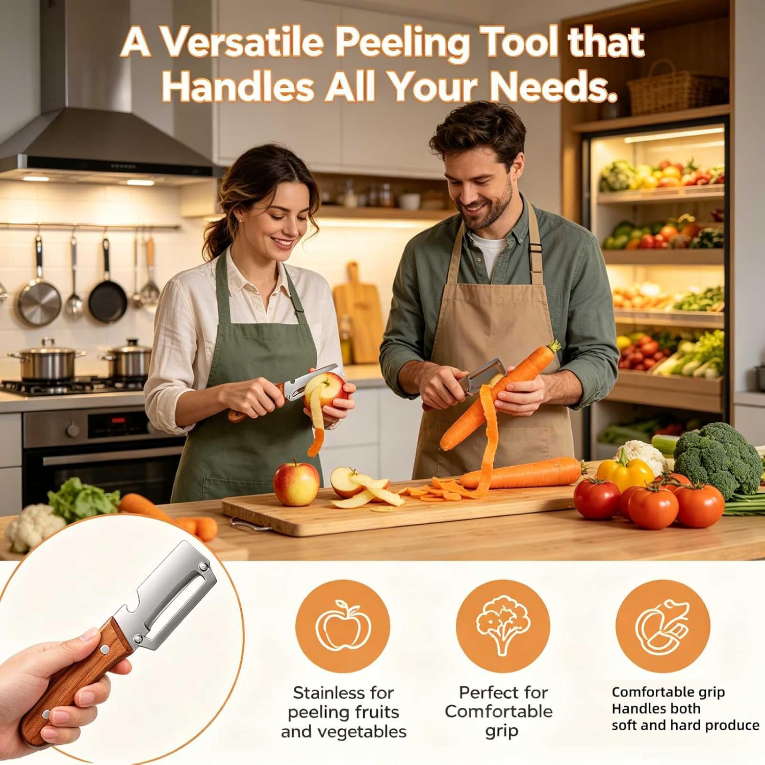 Skiennix 2-in-1 Vegetable Peeler - Multi-Functional Stainless Steel Blade with Wooden Handle | 4-Piece Set
