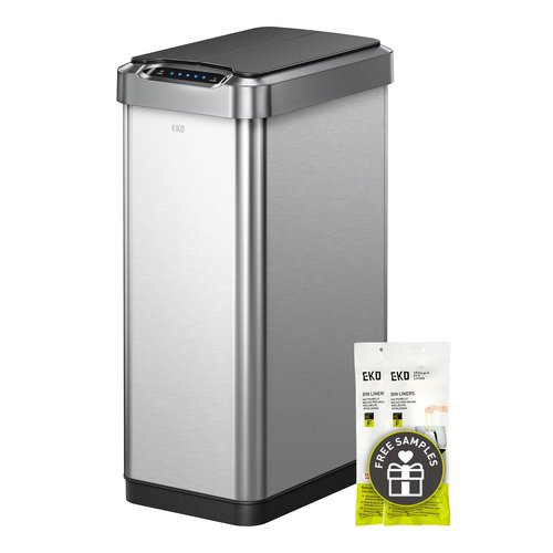 EKO Phantom-T 50 Liter / 13.2 Gallon Vertical Motion Sensor Trash Can, Brushed Stainless Steel Finish