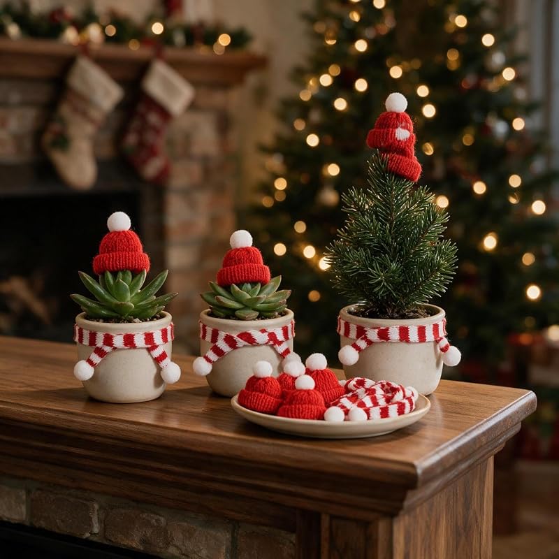 Mini Christmas Knit Hat and Scarf 20-Piece Set for Dolls, Plants & Decor