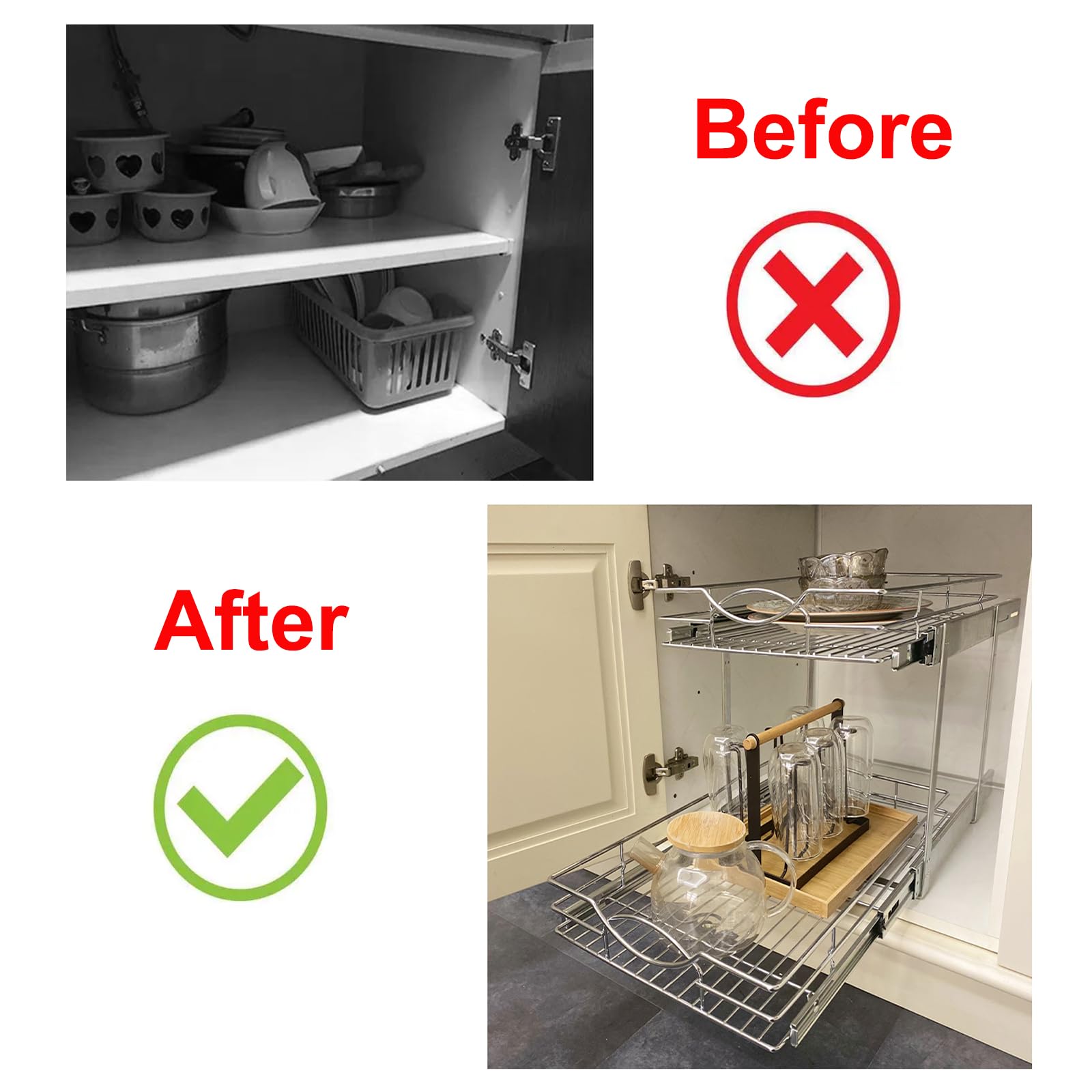 Sikarou Pull Out Cabinet Organizer 26" W x 21" D 2-Tier Individual Slide Out Drawer Pantry Shelf Storage for Kitchen Base Cabinet Organization for Kitchen, Bathroom, Pantry, Chrome