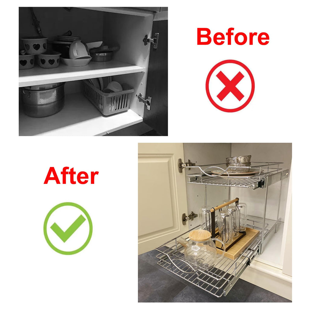 Sikarou Pull Out Cabinet Organizer 14" W x 21" D 2-Tier Individual Slide Out Drawer Pantry Shelf Storage for Kitchen Base Cabinet Organization for Kitchen, Bathroom, Pantry, Chrome
