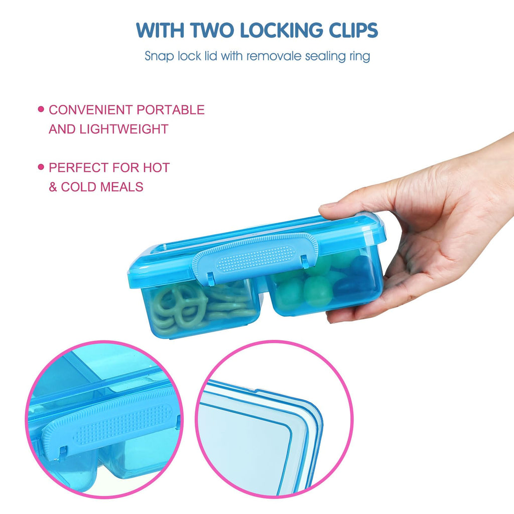 Greentainer 4 Pack Snack Containers with Lids for Kids, 2 Compartment Reusable Bento Lunch Box with Cute Forks, Divided BPA-Free Plastic Food Storage & Meal Prep for School, Travel, Fruits & Snacks