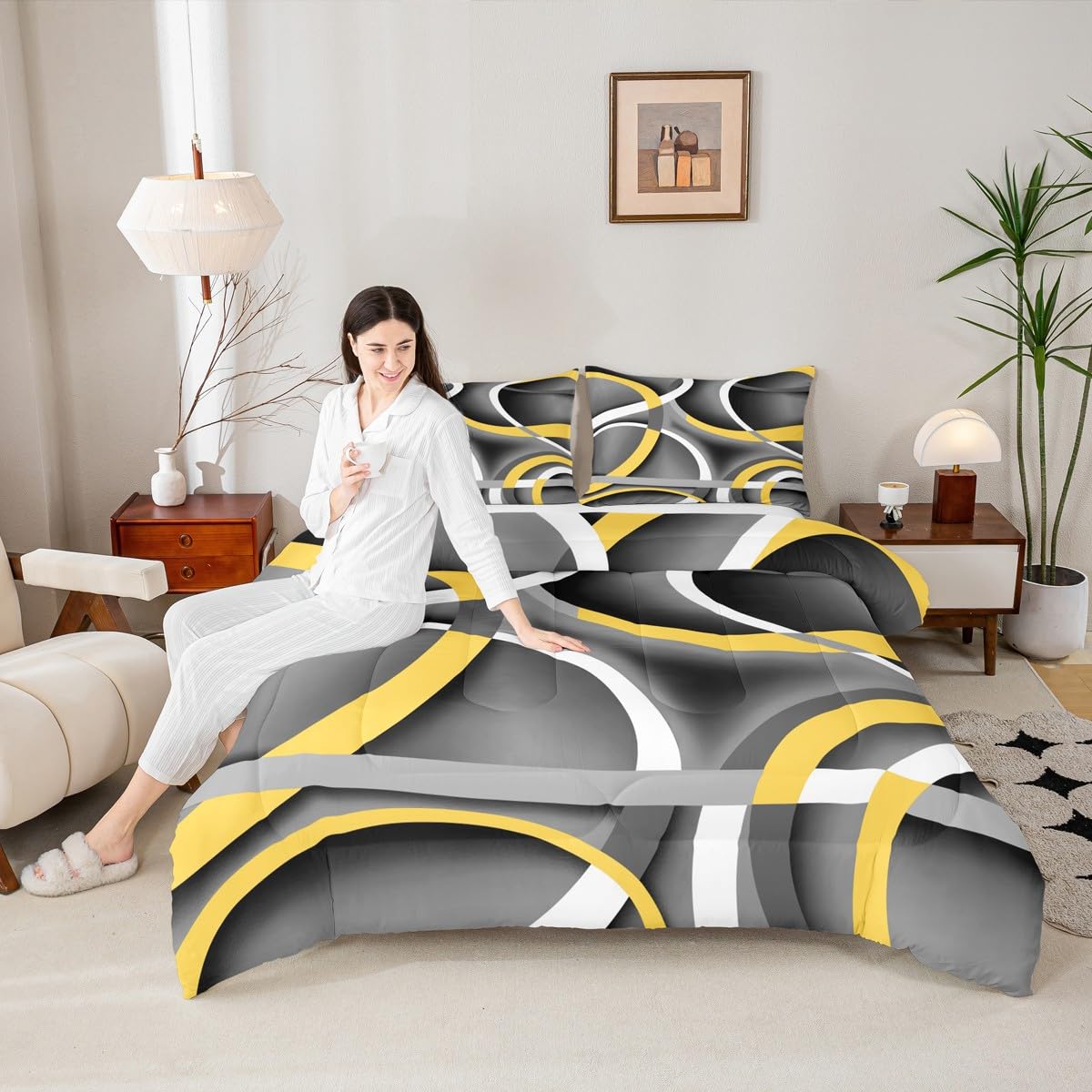 Castle Fairy Retro Circle Comforter Set Queen Size Yellow Gray Black Bedding Set for Kids Boys Girls Bedroom Decoration Stripe Line Art Bed Duvet Insert Geometric Modern Comforter with 2 Pillowcase