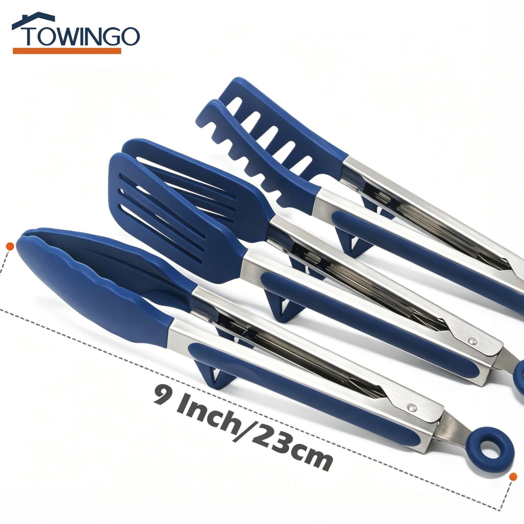 Kitchen Tongs, 9 Inch Tongs for Cooking with Silicone Tips, Food Grade Small Silicone Tongs, Mini Serving Tongs for Nonstick Pans, BBQ, Salad, Set of 3, Blue