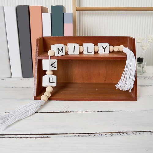 Family Letter Block Wood Bead Garland with Tassels, Farmhouse Decorative Beads, Modern Wooden Beads Garland for Tabletop, Tiered Tray, Mantel, Family Decor