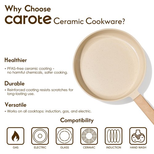CAROTE 10" Frying Pan Set, Non-Toxic PTFE & PFOA Free Fry Pan & Omelet Pan, Compatible with Induction, Ceramic, Gas Cooktops