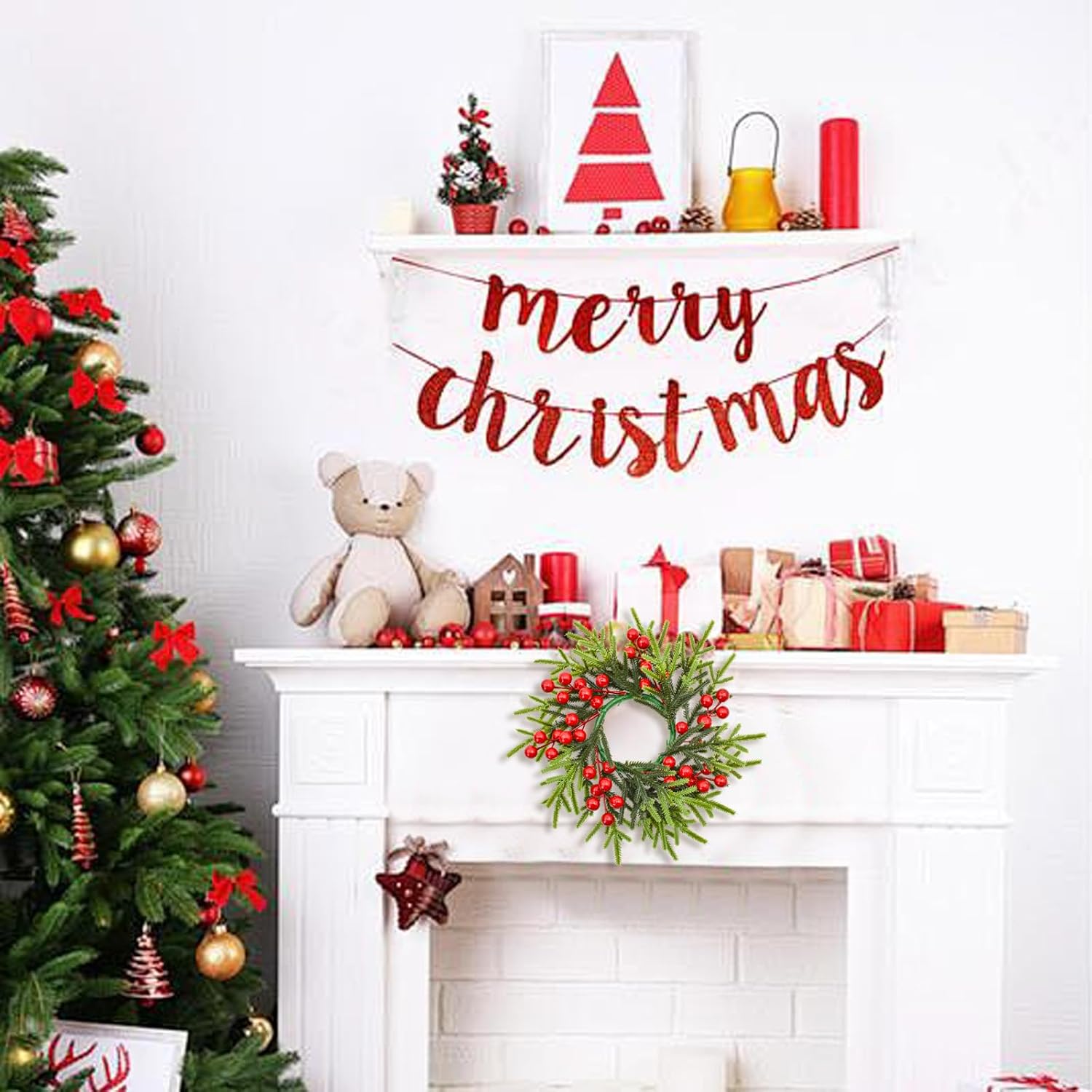Skiennix Christmas Candle Rings - Festive Red Berries & Pine Needle Wreaths | 4PCS Holiday Decor