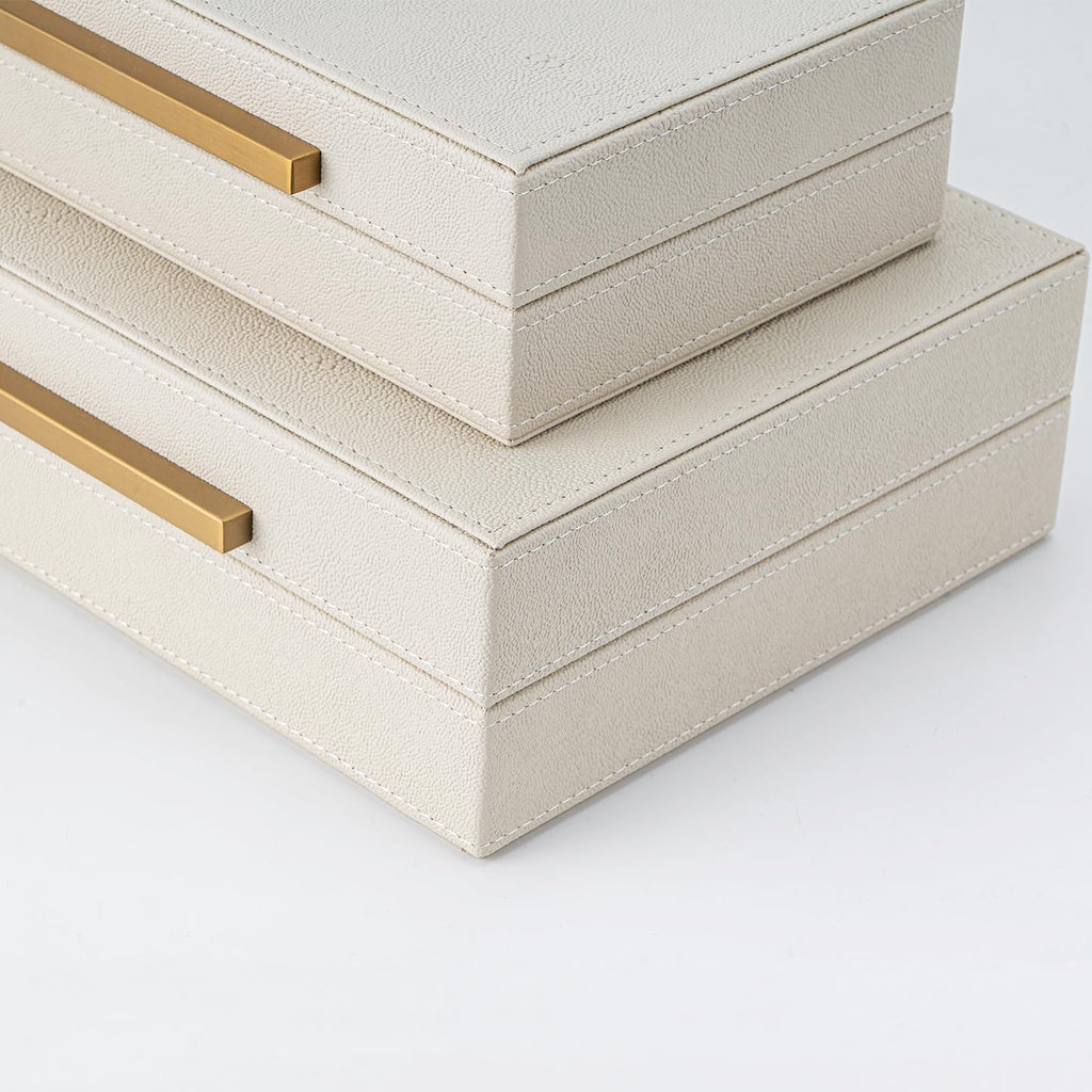 XIGEXIGE Faux Leather Jewelry Box Set - Large Stackable Nesting Organizers in Beige Shagreen with Gold Handles