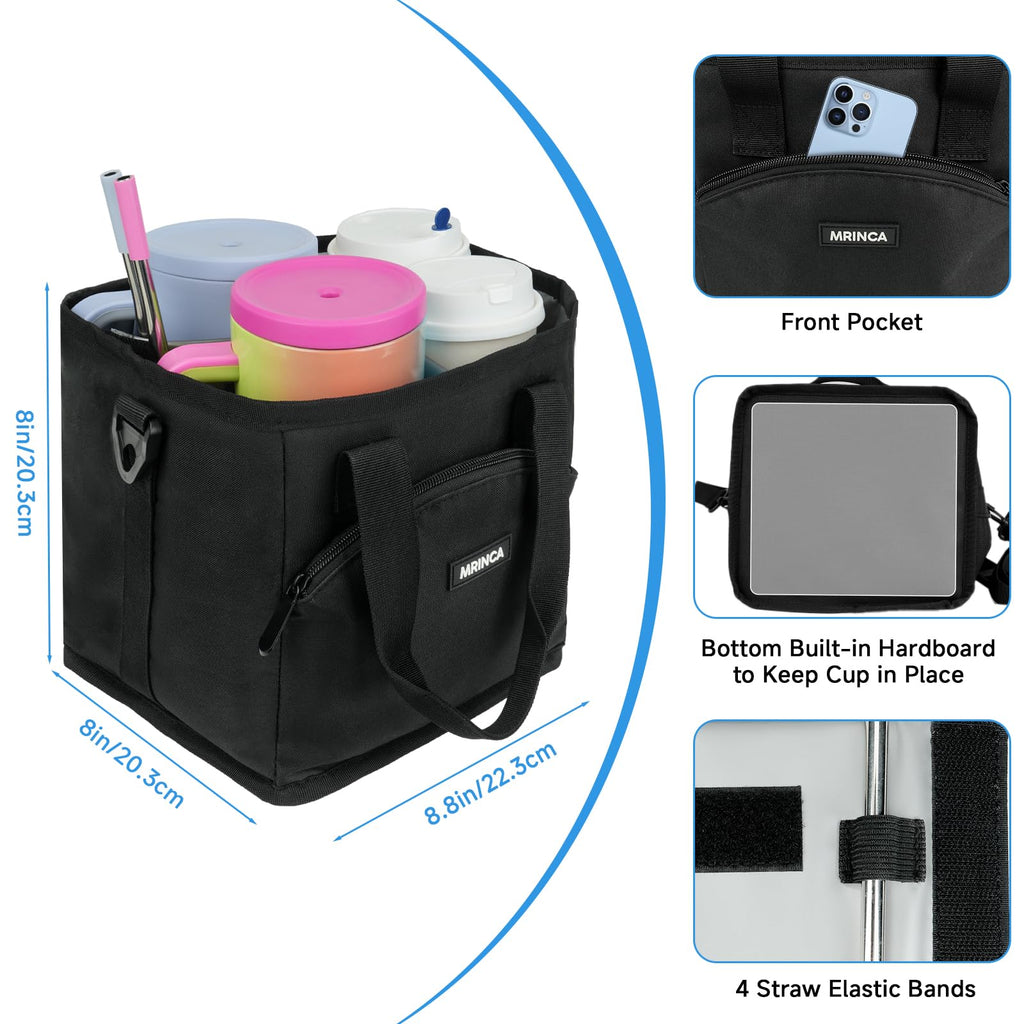MRINCA Reusable Drink Carrier with Handle – Insulated, Collapsible 4-Cup Beverage Bag with No-Spill Base, Adjustable Dividers & Shoulder Strap, Portable Caddy for Delivery, Car and Travel, Black