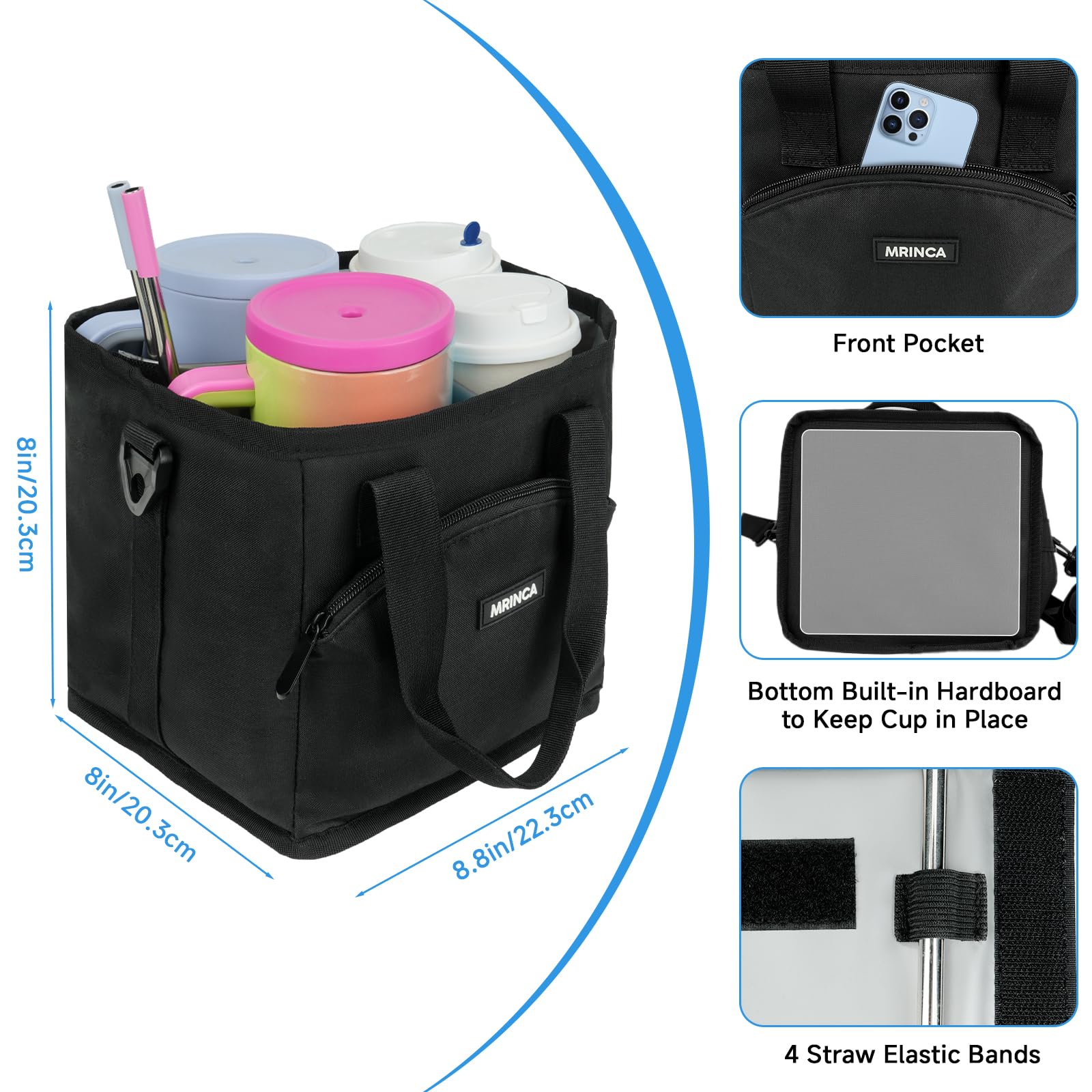 MRINCA Reusable Drink Carrier with Handle – Insulated, Collapsible 4-Cup Beverage Bag with No-Spill Base, Adjustable Dividers & Shoulder Strap, Portable Caddy for Delivery, Car and Travel, Black