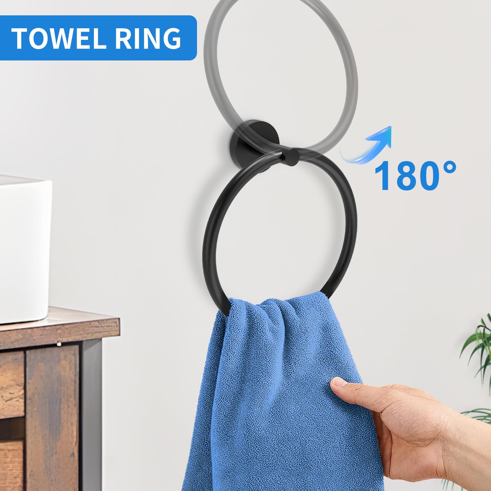 Matte Black Bathroom Accessories, Bathroom Hardware Set, SUS304 Stainless Steel Bathroom Towel Bar Set with 24 Inch Towel Holder, 2 Towel Hooks, Toilet Paper Holder, Towel Ring