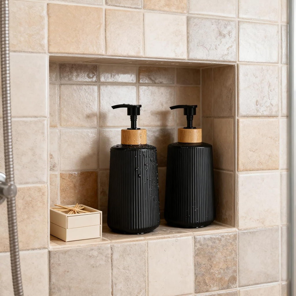 Skiennix Glass Soap Dispenser - Thickened 12oz Hand Soap Bottle for Bathroom & Kitchen | Modern Black Design