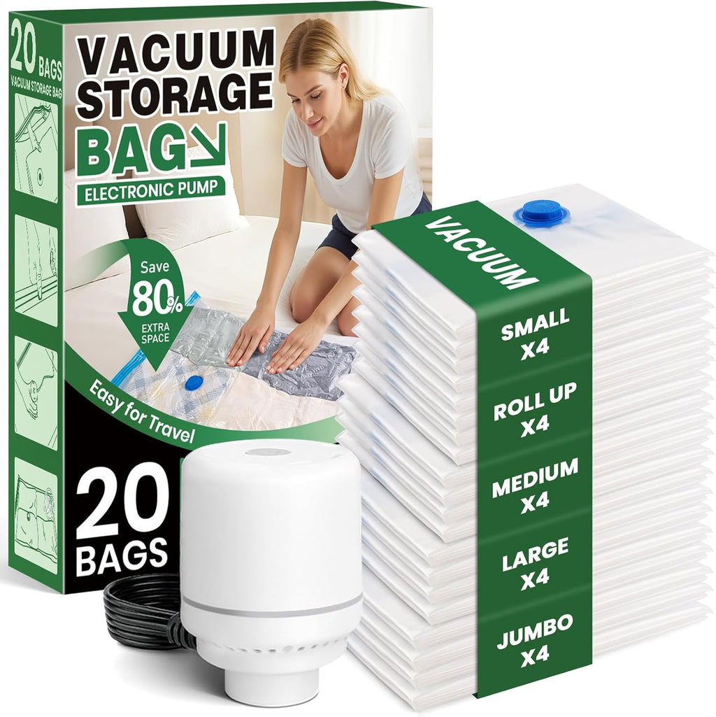 Skiennix Vacuum Storage Bags - 20-Pack with Electric Air Pump for Clothes & Comforters | 4 Jumbo, 4 Large, 4 Medium, 4 Small, 4 Roll-Up Bags