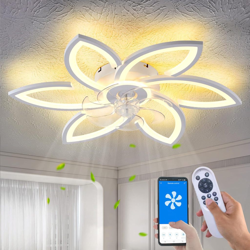 Yfrest Modern Semi Flush Mount Ceiling Fan with Lights - 30" White, 3 Light Color, 6 Speeds, Flower Design, Low Profile for Kitchen, Bedroom