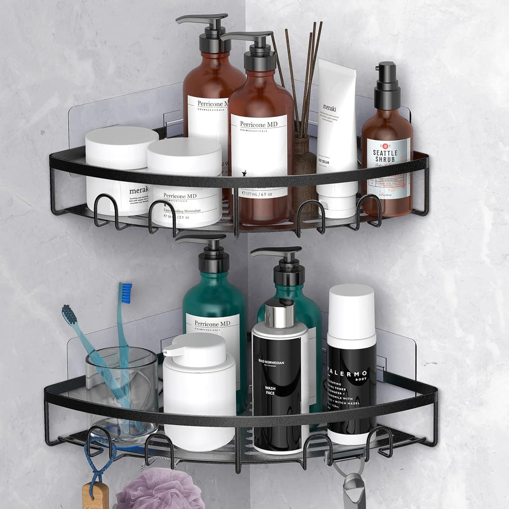 Skiennix Corner Shower Caddy - 2 Pack Adhesive Organizer Shelf | Rustproof Wall-Mounted Storage Rack (Black)