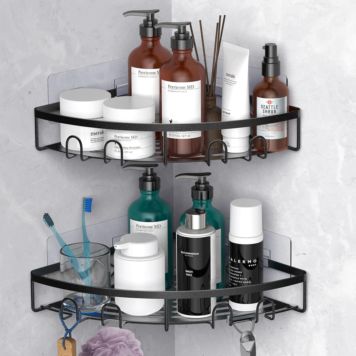 Skiennix Corner Shower Caddy - 2 Pack Adhesive Organizer Shelf | Rustproof Wall-Mounted Storage Rack (Black)